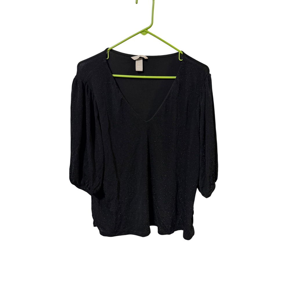 HM Womens‎ Size XL Black Shimmer Metallic V-Neck Puff Sleeve Blouse Top